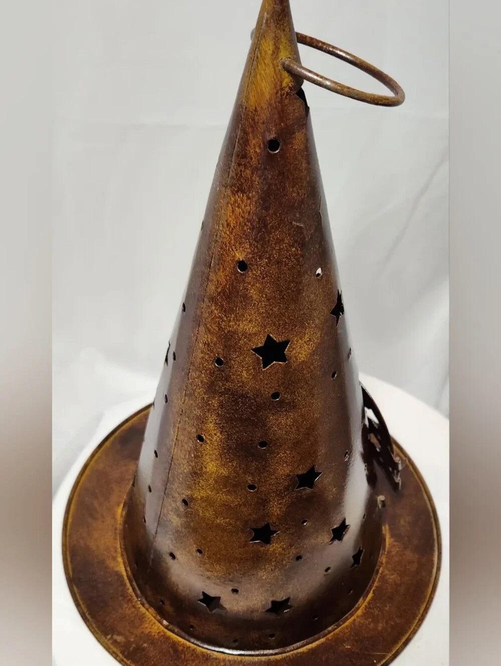 Rustic Metal Witch Hat Candle Holder With Punched Out Stars & Front Hinged Door